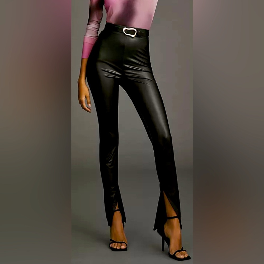 Anthropologie faux leather slit pants / leggings. Stretchy waist. Black. Size M